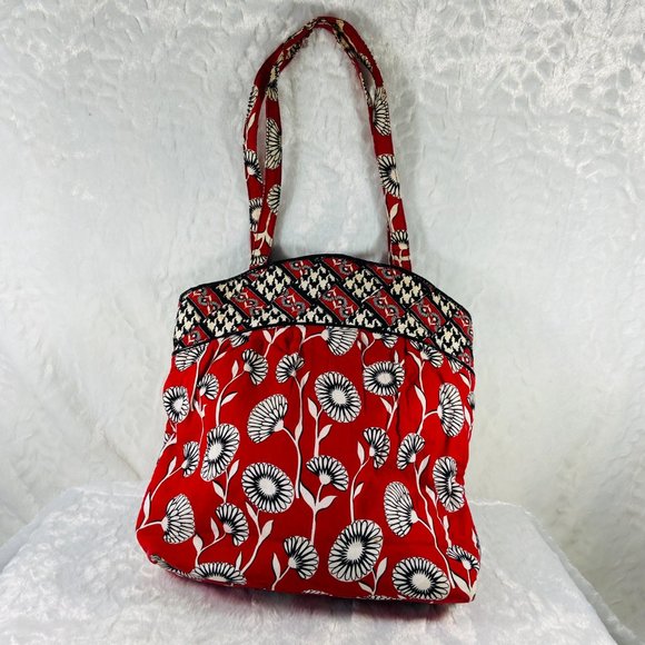 Vera Bradley Deco Daisy Print Large Handbag Red Black & White Tote Vintage print - Picture 3 of 10